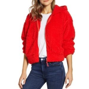 NWT LOU & GREY viva red fleece faux fur zip hooded jacket size small fluffy cozy
